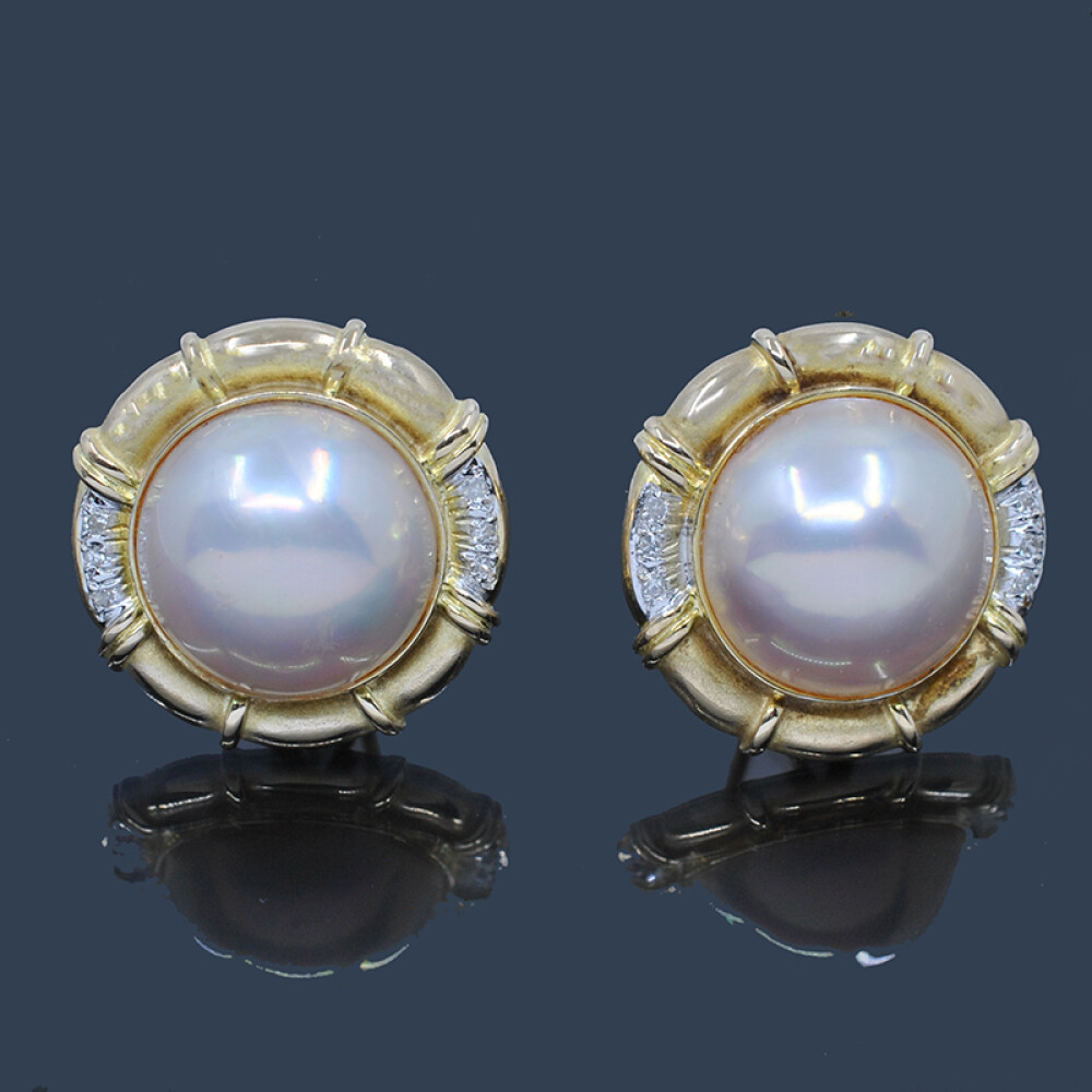 Caravanas clips en oro 14k con perlas mabe y brillantes Caravanas clips en oro 14k con perlas mabe y brillantes