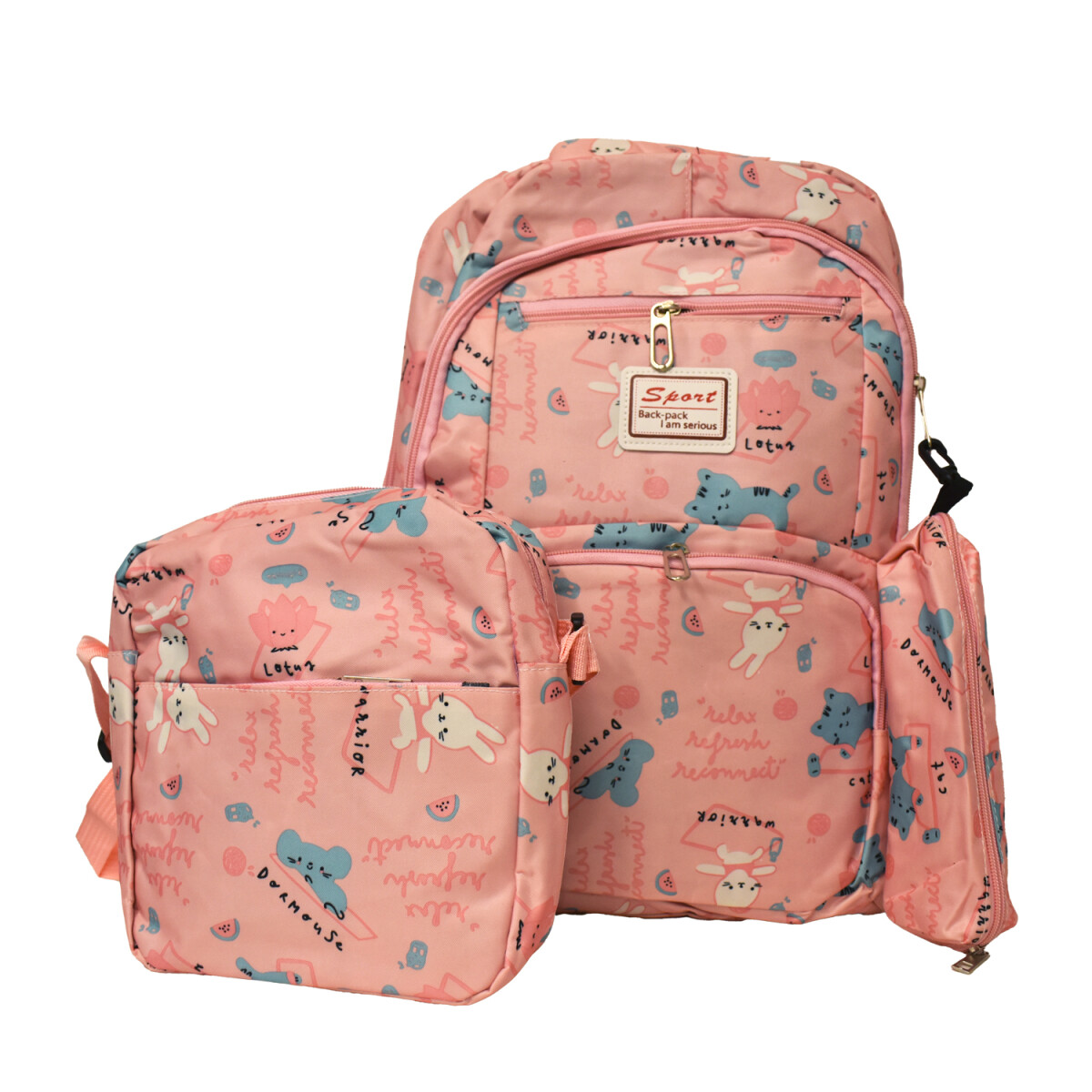 Set Mochila 3 Piezas Diseño Animalitos Escolar Resistente - Rosa Claro 