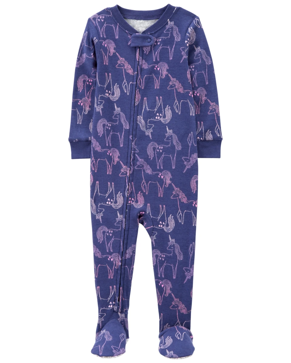 Pijama una pieza de algodón, con pie, diseño unicornios. Talles 12-24M 