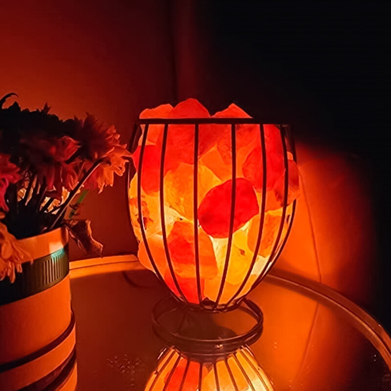 Lampara De Sal Luz Del Himalaya Soporte Metal Fanal Cesta! Naranja