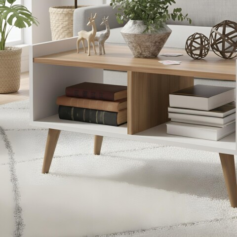 Mesa de Centro Escandinava Retro con Patas - MDP 15mm - Blanco / Miel Mesa de Centro Escandinava Retro con Patas - MDP 15mm - Blanco / Miel