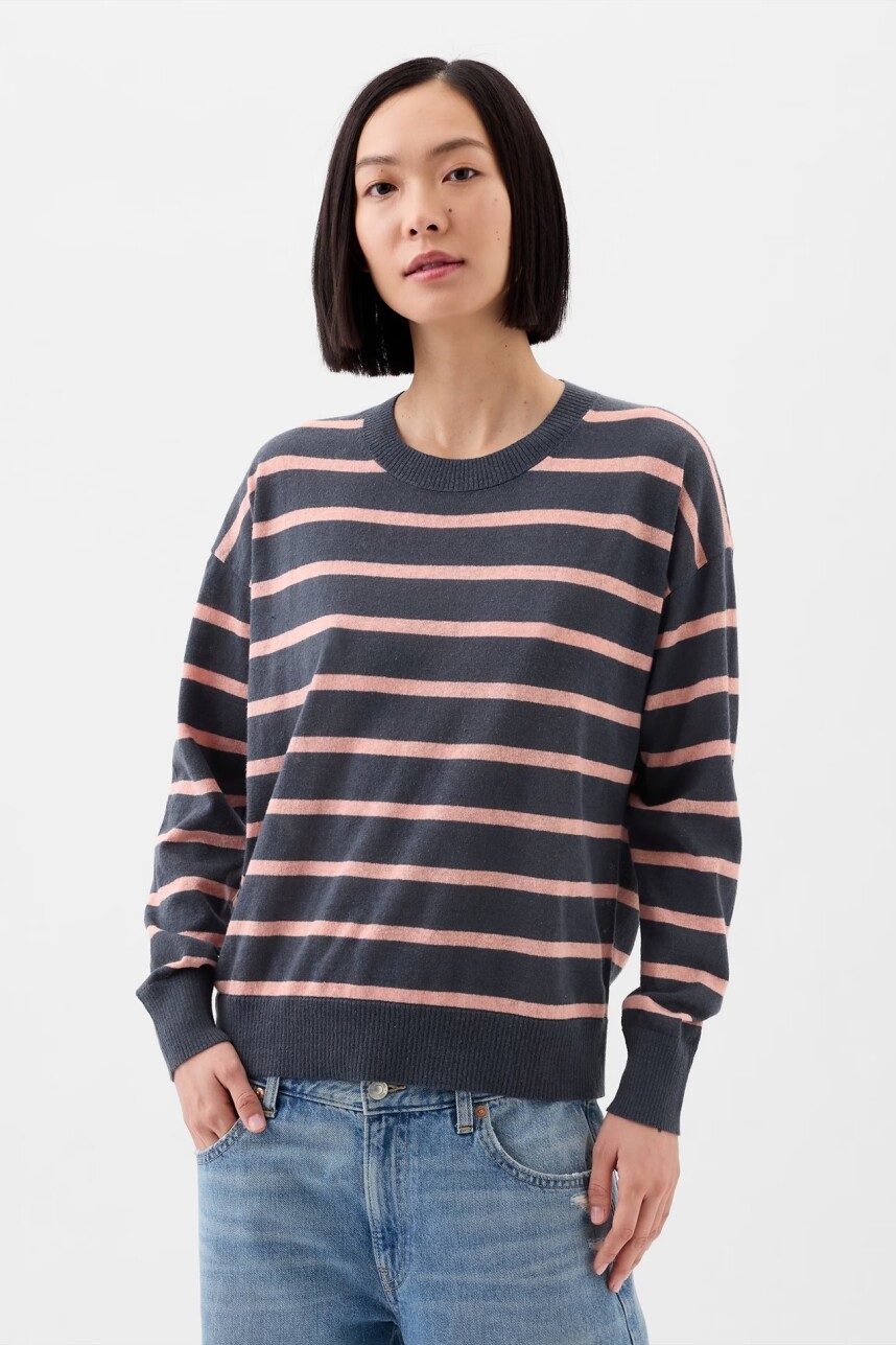 Buzo De Lino Cuello Redondo Mujer Navy Stripe