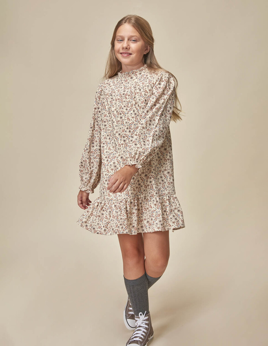 Vestido Estampado Con Volante - Arena Claro 
