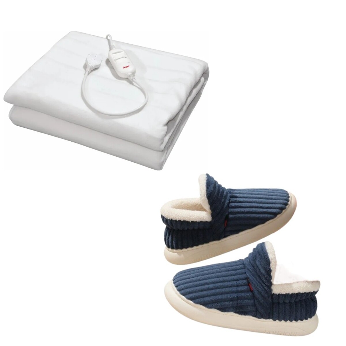 Set Invierno Calienta Cama Cuori 1 Plaza y Pantuflas Unisex - Azul 