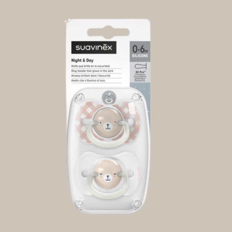 CHS+0BRILLA Set X2 Chupetes Sx Pro Fisiologicos 0 A 6 Meses Brilla En La Oscuridad Suavinex Osito Rosa