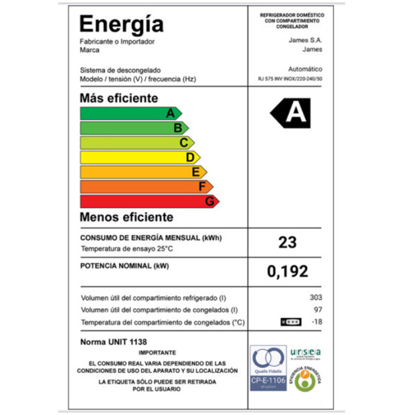 Heladera James Rj 575 Inv Inox HELADERA JAMES RJ575INV INOX 41575