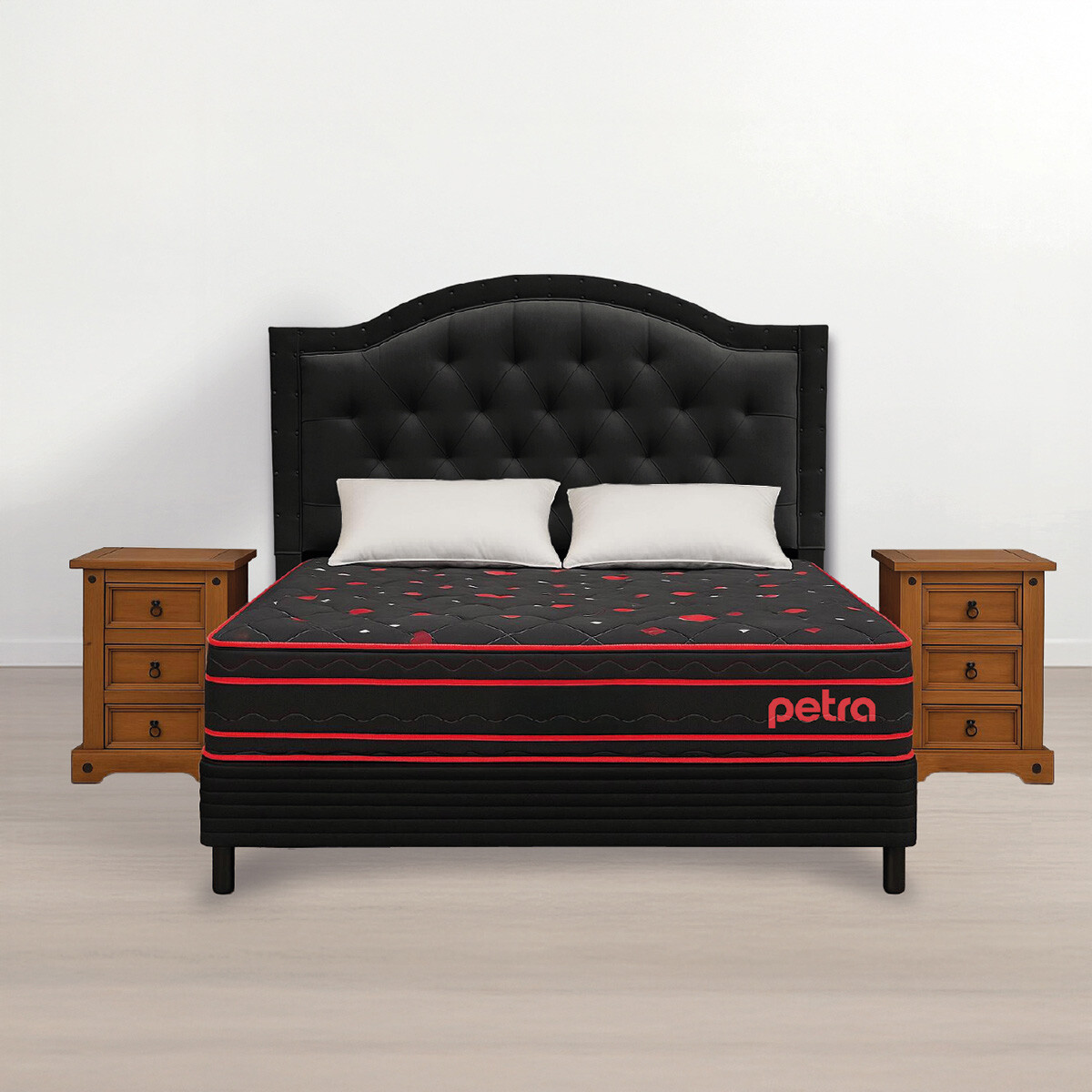 Juego De Dormitorio Sommier Mesa De Luz Respaldo Almohada Negro 