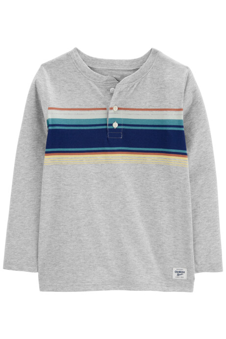 Remera henley de algodón, gris con franjas Sin color