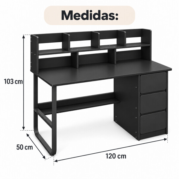 Escritorio 3 Cajones Con Estantes De Madera Y Metal Movi Esh0027m NEGRO