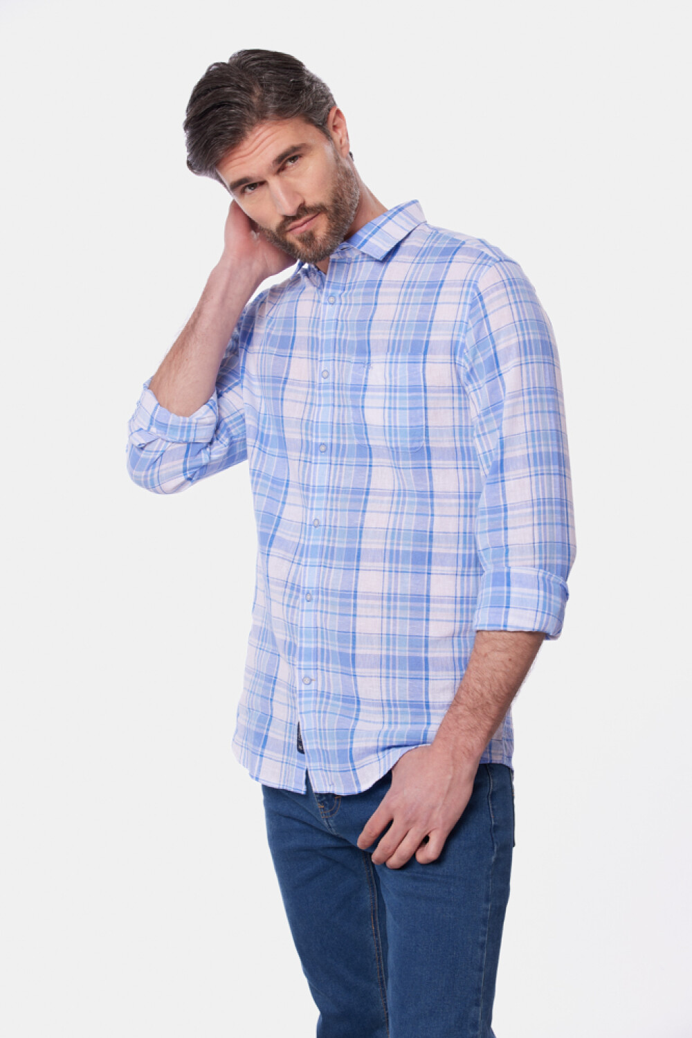 CAMISA DE LINO A CUADROS Azul