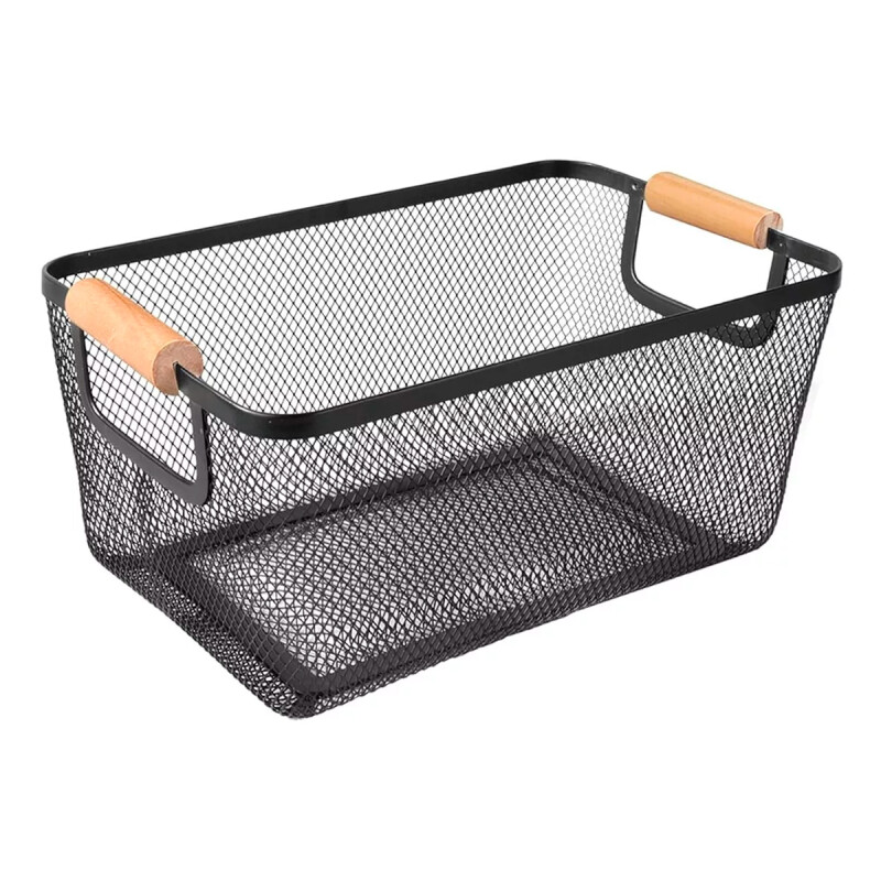 Cesto organizador metal con asa de madera NEGRO