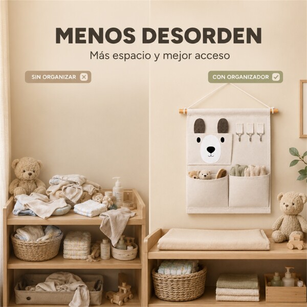 Organizador Colgante Infantil Osito Perchero Bolsillos Blanco