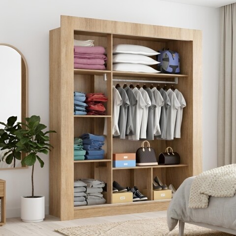 Ropero 3 Puertas Corredizas con Rieles Metálicos, Estantes y Zapatero – 205x170x47 cm - Carvalho Ropero 3 Puertas Corredizas con Rieles Metálicos, Estantes y Zapatero – 205x170x47 cm - Carvalho