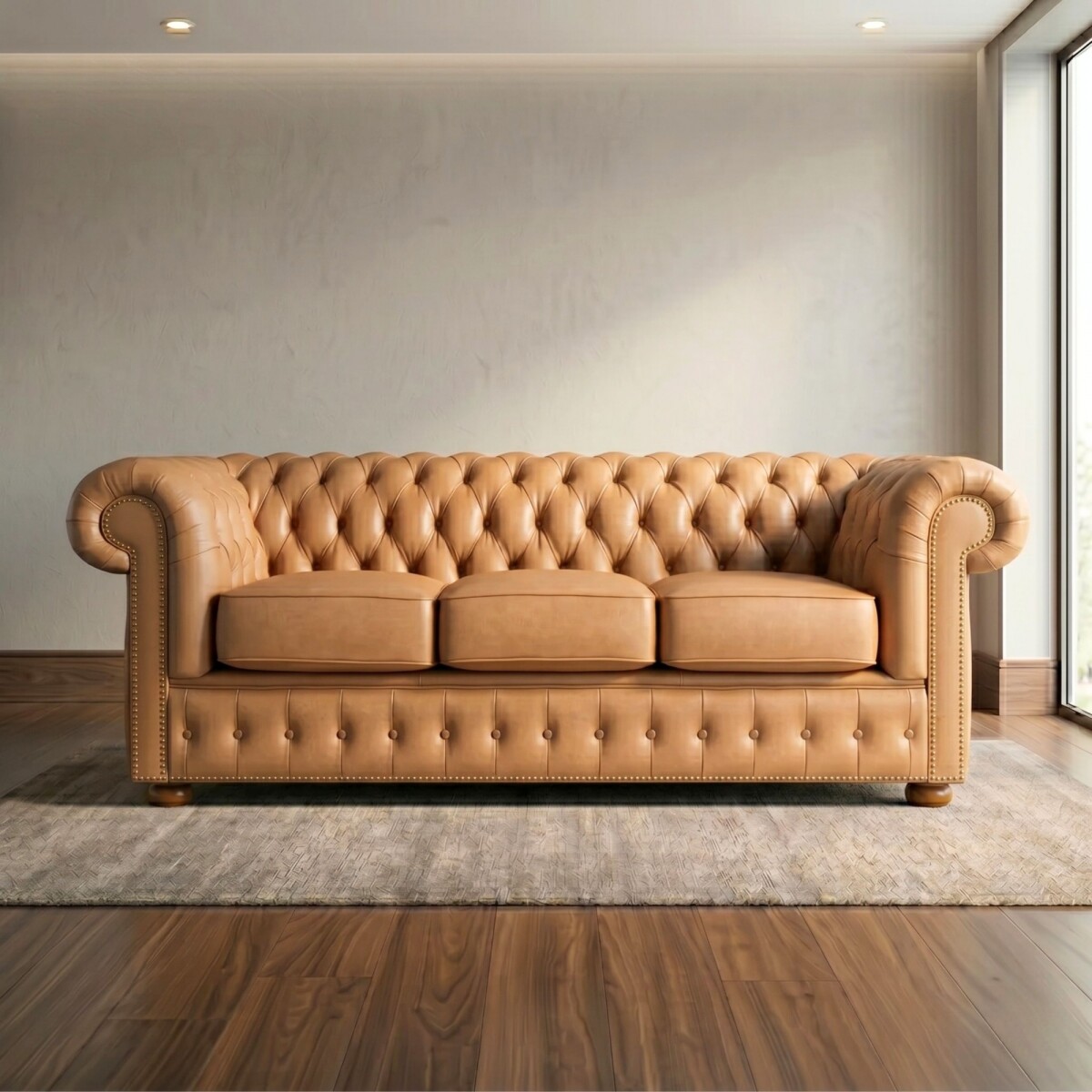 Sillón 100% Cuero - 3 Cuerpos - Chesterfield - Camel 