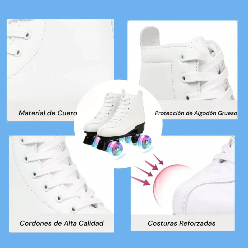 Patines 4 Ruedas Artístico Con Luces Bota De Cuero Blanca Blanco