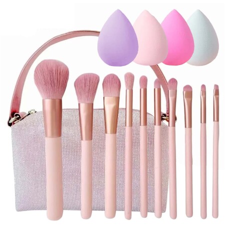 Set Maquillaje 10 Brochas y Pinceles c/ Estuche + Esponjas Rosa