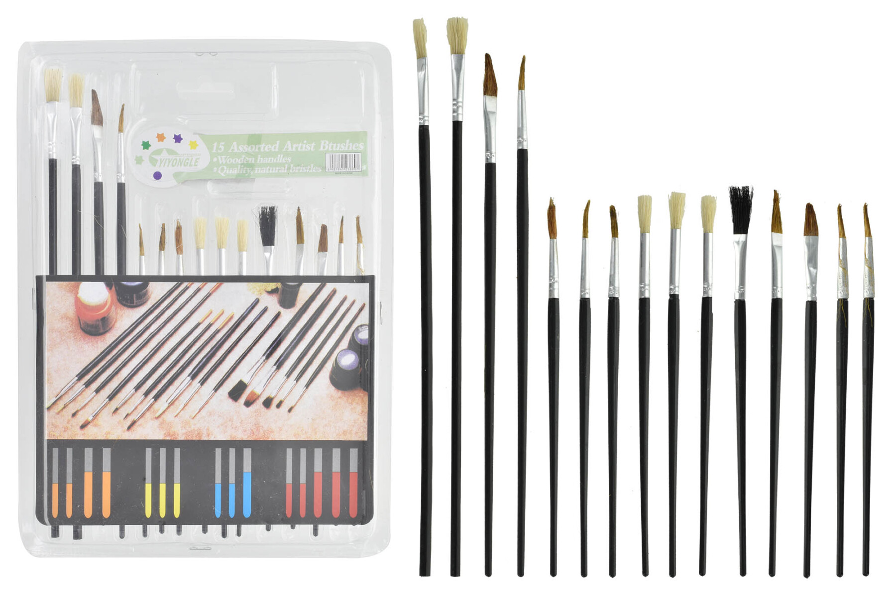 PINCELES X15PCS PUNTA FINA DIFERENTES TAMAÑOS DOBLE BLISTER 00643 