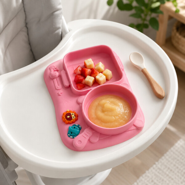 Plato Infantil Silicona Divisiones Antideslizante Bebé Rosa 1