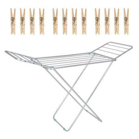 Set Mor Tendedero Extensible Alumini 9.3M Ropa + 12 Palillos Plateado