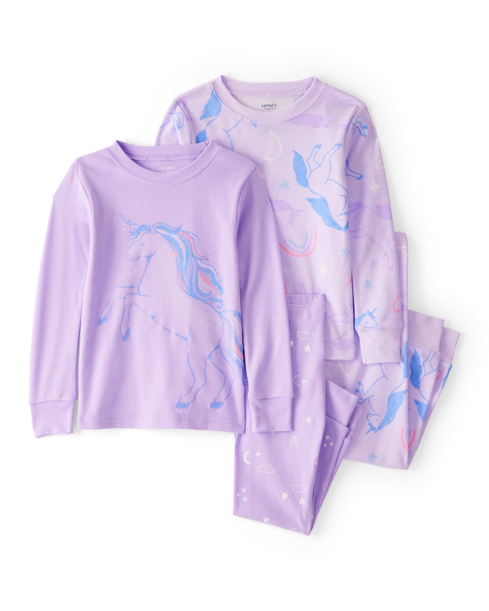 Pijama cuatro piezas de algodón, dos remeras manga larga y dos pantalones, diseño unicornios Sin color