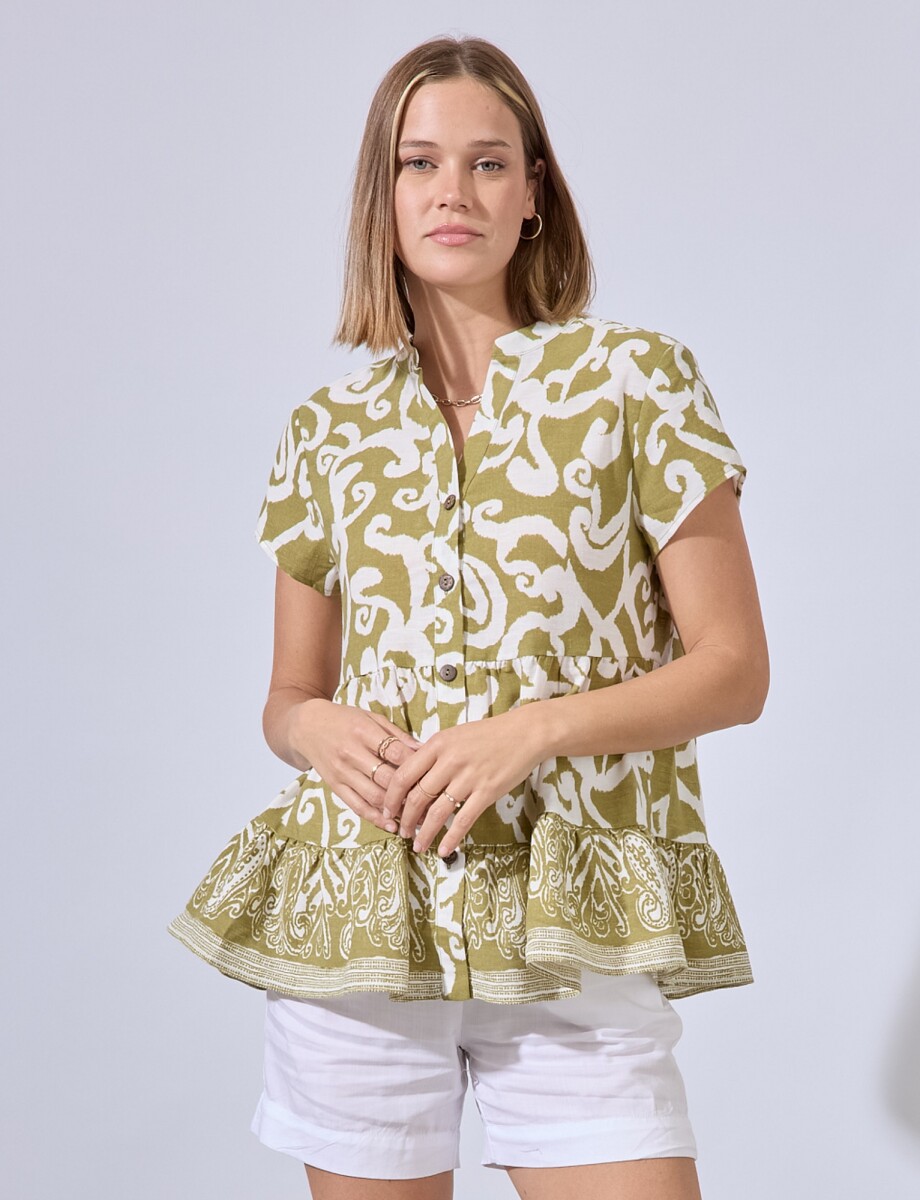 Blusa Lino Arabescos - Oliva/multi 