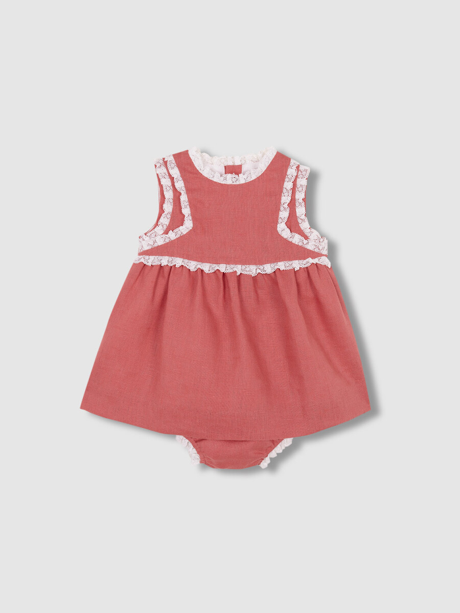 Vestido Lino Con Tiras Bordadas En Contr Fresa Claro