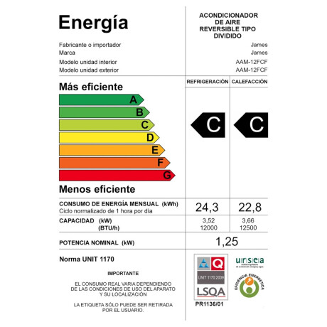 AIRE ACONDICIONADO JAMES 12000-BTU ON OFF AAM-12 AU-FC