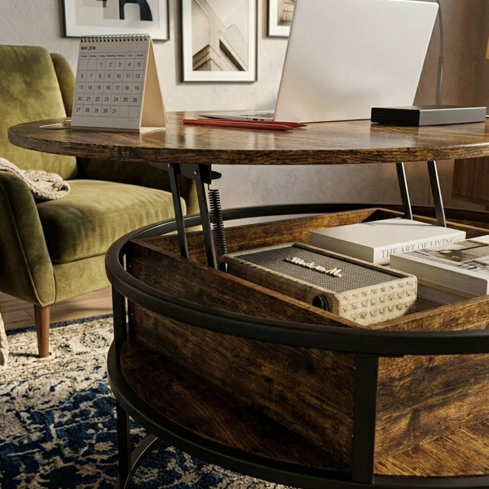 MESA DE LIVING CENTRO AUXILIAR ELEVABLE - TAPA CIRCULAR Color madera