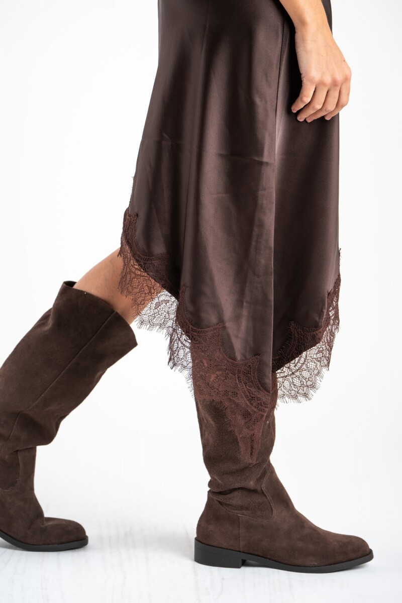 Vestido Midi Satinado Con Encaje Chocolate