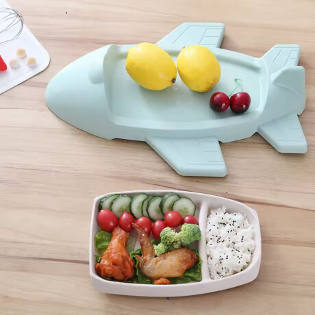 Set Comida Bebé Diseño Avión Plato c/ Divisiones en Plástico Celeste