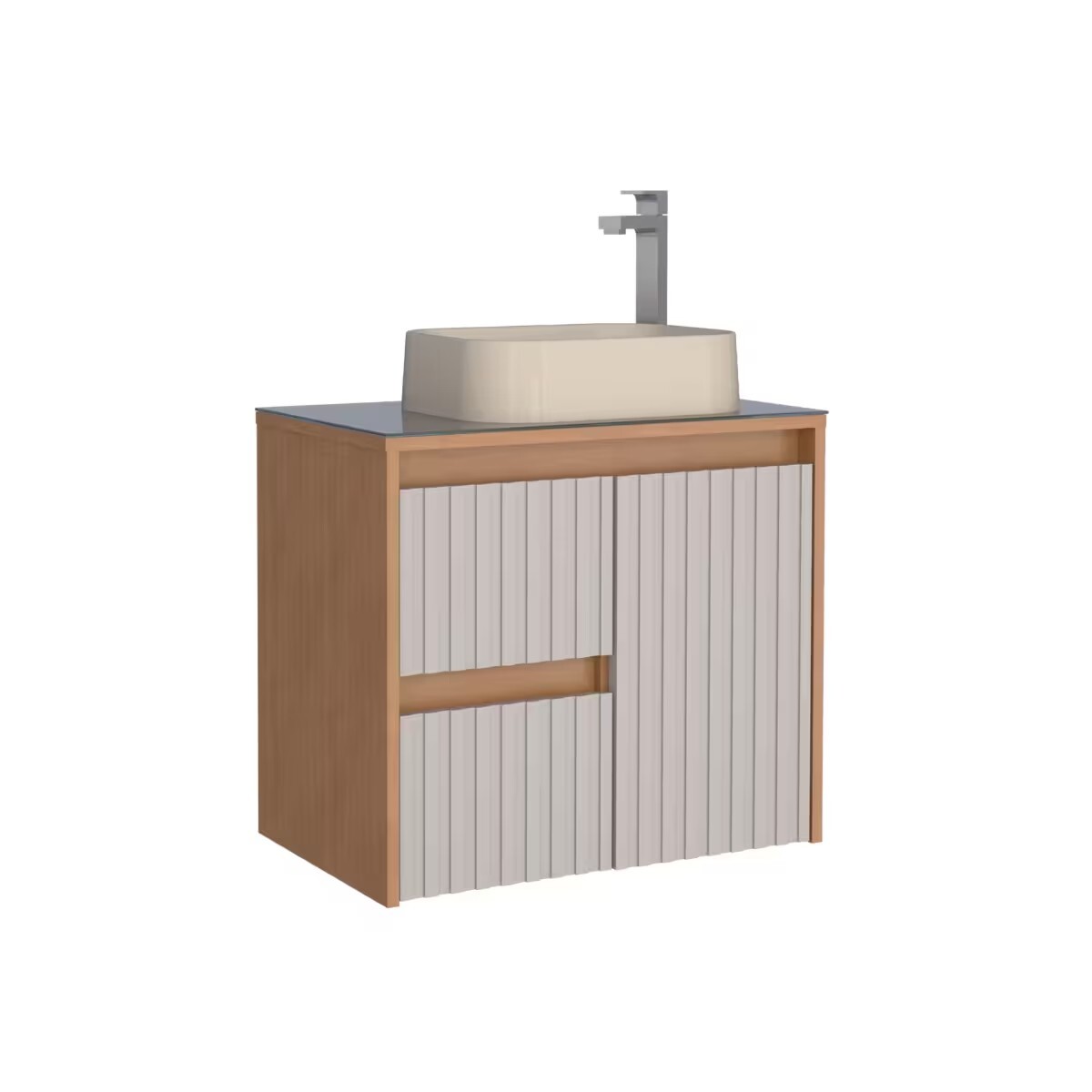Mueble De Baño Suspendido Kyoto Beige 61 Cm Con Tapa De Vidrio Y Bacha De Loza 