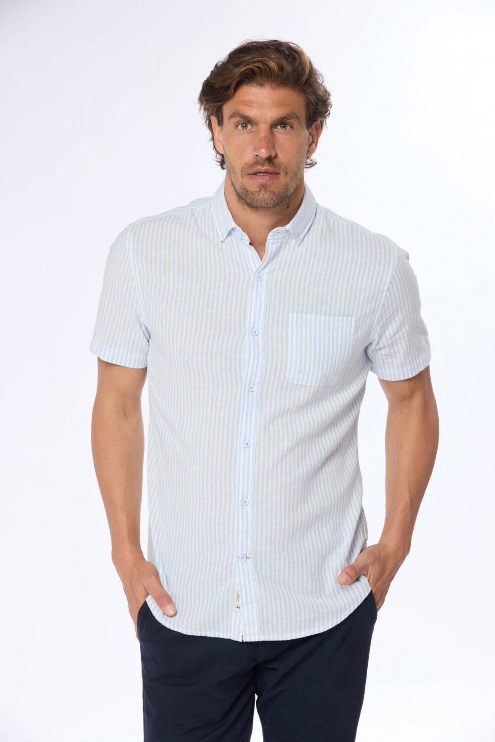 CAMISA DE LINO RAYADA Azul