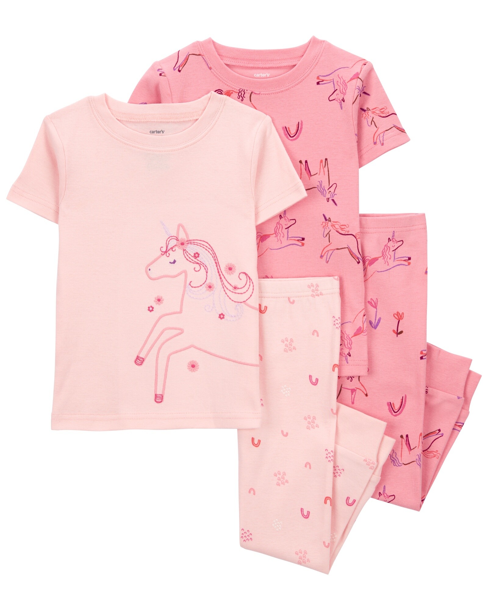 Pijama cuatro piezas de algodón, dos pantalones y dos remeras, diseño unicornios Sin color