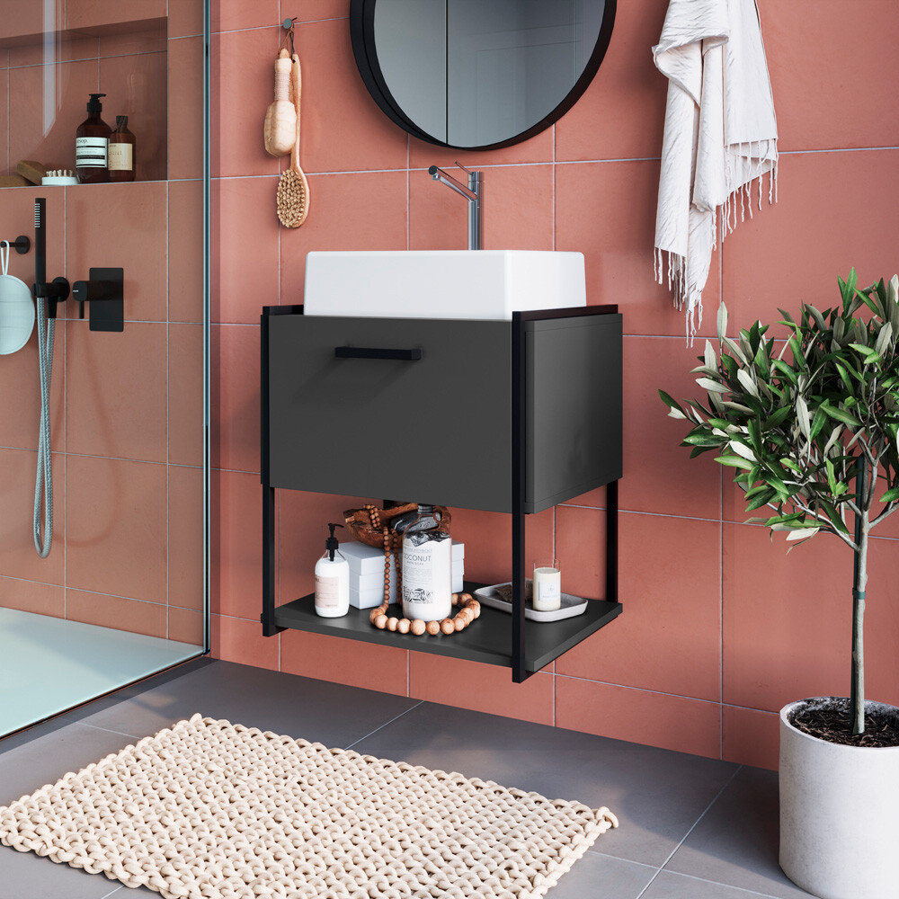 MUEBLE DE BAÑO AEREO NEGRO con bacha blanca / 50cm. Mueble De Baño Aereo Negro Con Bacha Blanca / 50cm.