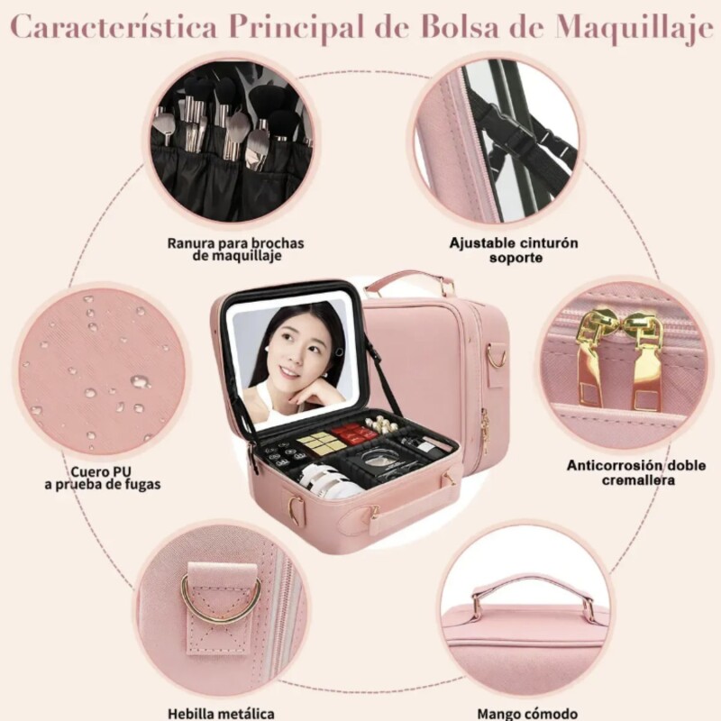Maletín organizador de Comesticos con Espejo Led Rosado Maletín organizador de Comesticos con Espejo Led Rosado