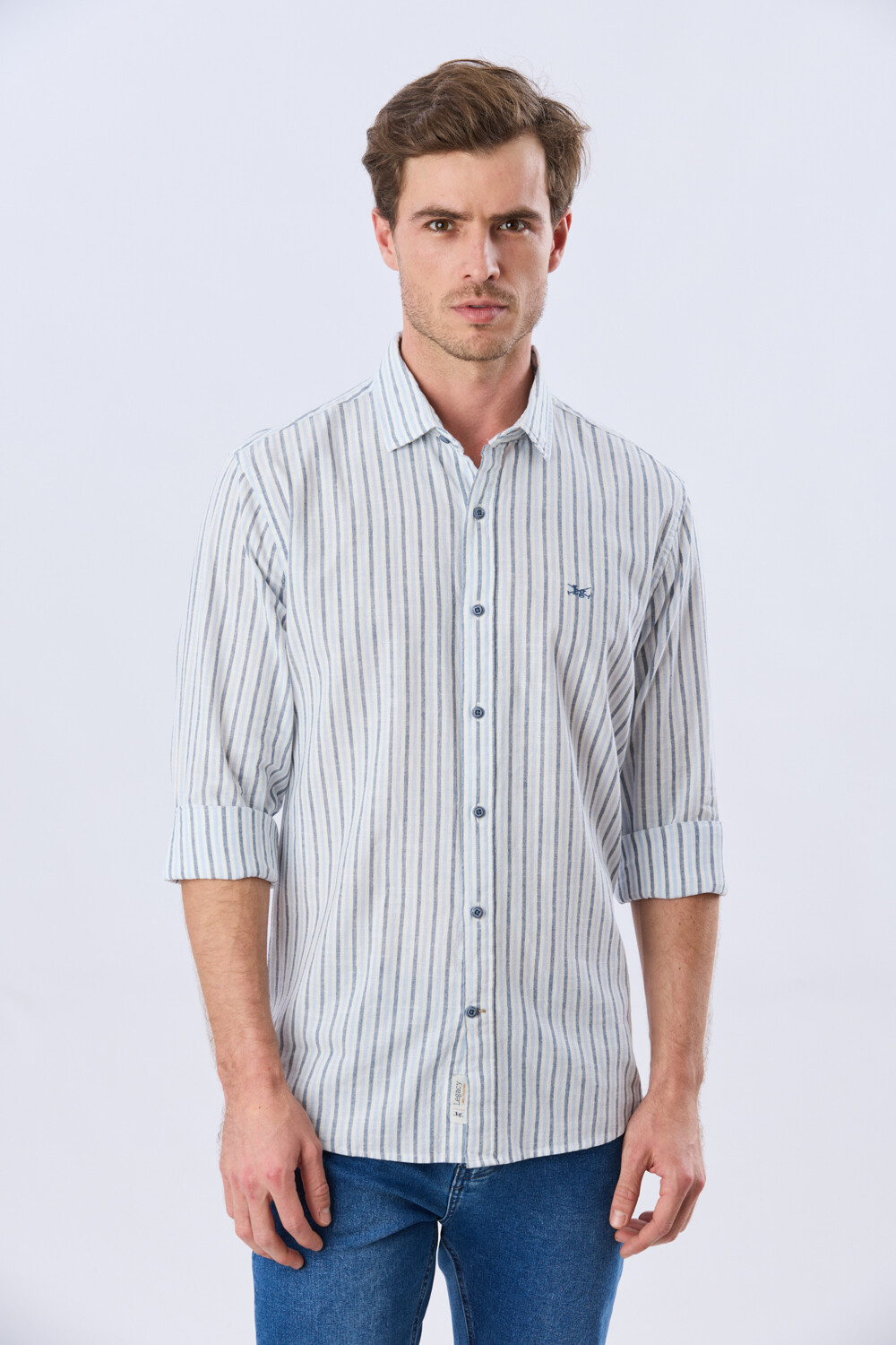 CAMISA RAYADA DE LINO Celeste