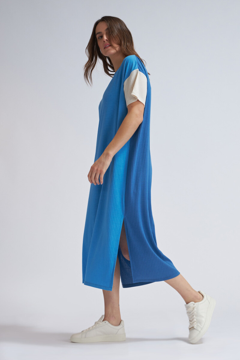 Vestido largo manga corta en rib Azul- Beige