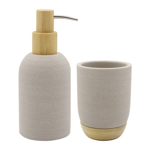 Set Baño Dispensador de Jabón y Porta Cepillo de Resina y Madera GRIS