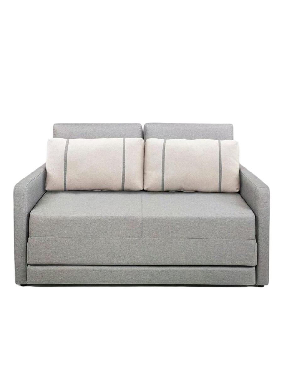 SOFA CAMA 176 MTS - PARRILLA EXTENSIBLE - TELA GRIS CLARO - ALMOHADONES PEQUEÑOS EN TELA CLARA 