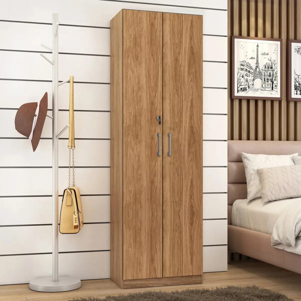 ROPERO 2 PUERTAS GUARDARROPA ARMARIO PLACARD CLOSET MULTIUSO CON LLAVE COLOR MADERA