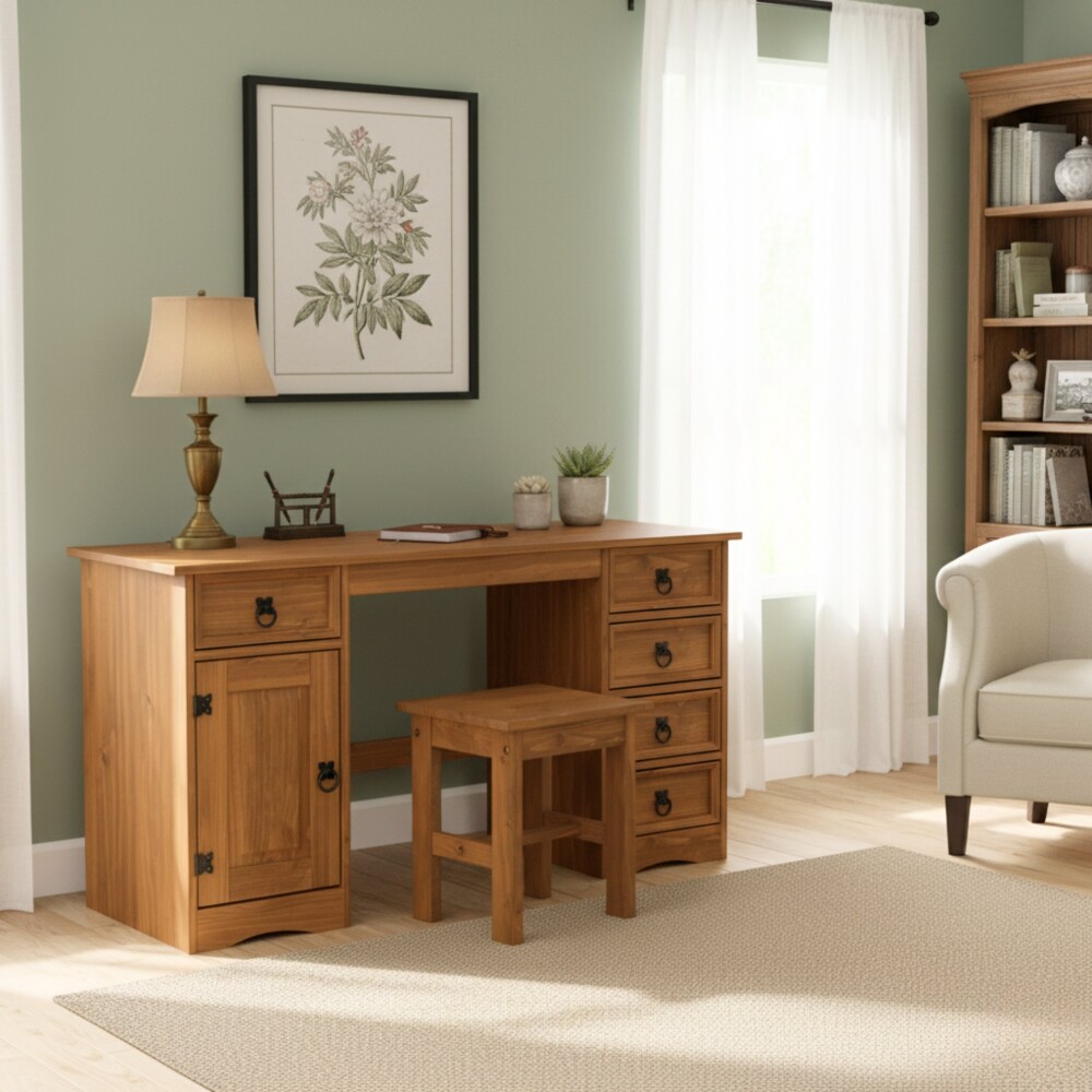 Escritorio - 5 Cajones + 1 Puerta + BANCO Nogal