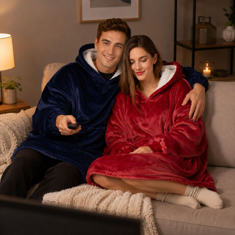 Buzo Canguro Oversize Manta Polar Afelpada Corderito Capucha Azul
