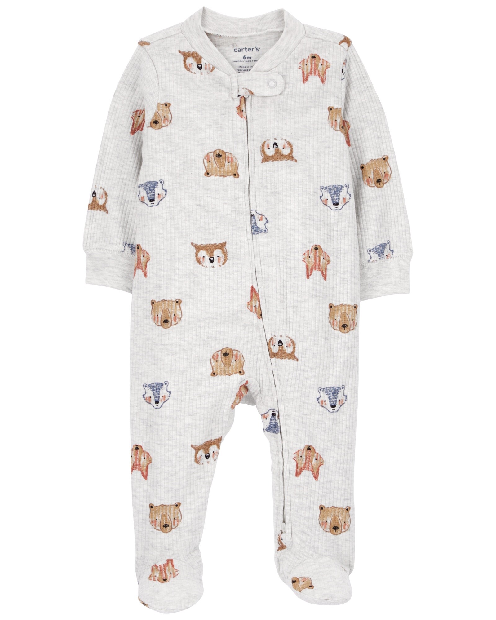 Pijama uno pieza de algodón acanalado, con pie, diseño animales. Talles PRE-9M Sin color