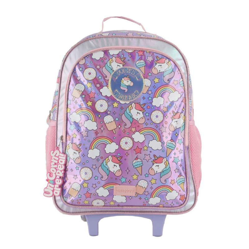 Mochila Trendy Unicornio C/Carro Rosado - Lila - Plateado