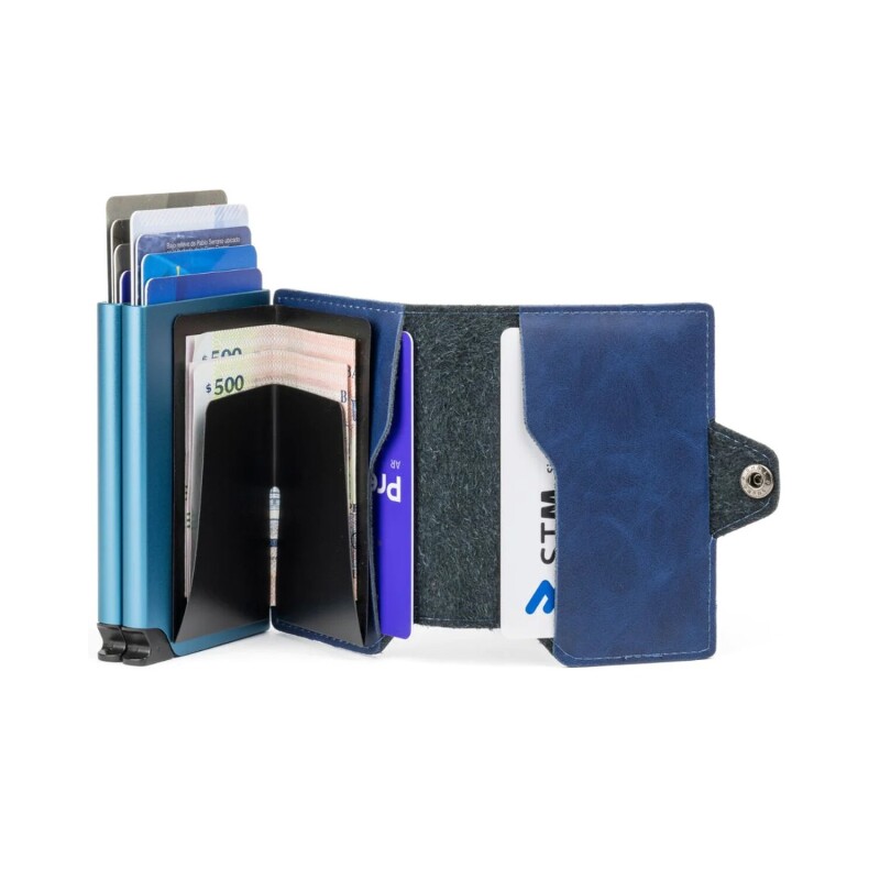 Billetera Baleine Double Kansas en Aluminio y Cuero con Protección RFID Original Navy