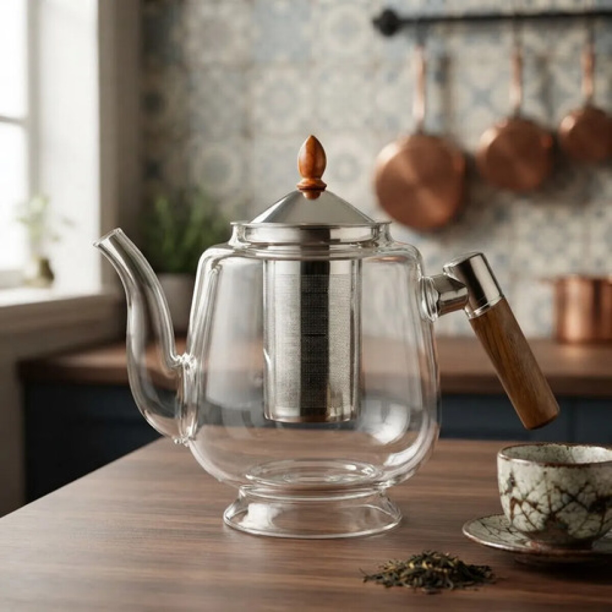 Tetera de Vidrio con Infusor de Acero Inoxidable y Mango de Madera - 1200 ML 