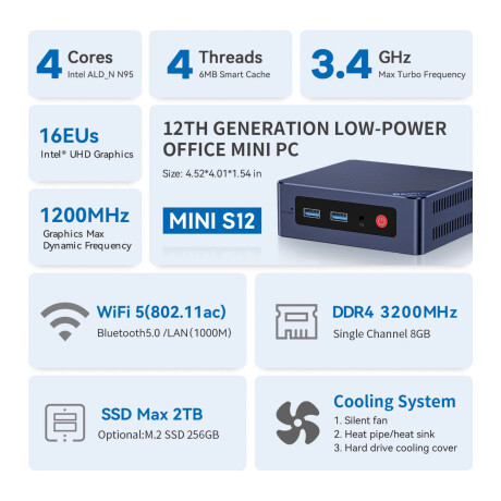 Beelink - Mini Pc S12 - Intel N195. Intel Uhd. Windows 11 Pro. Ram 16GB / Ssd 500GB. Wifi. Bluetooth 001