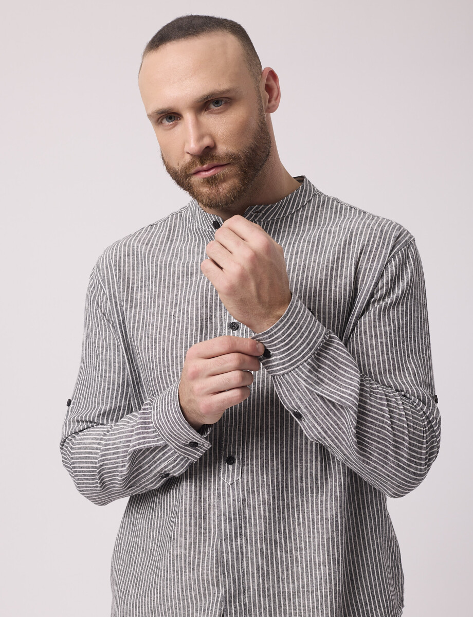 Camisa m/l lino rayada negro