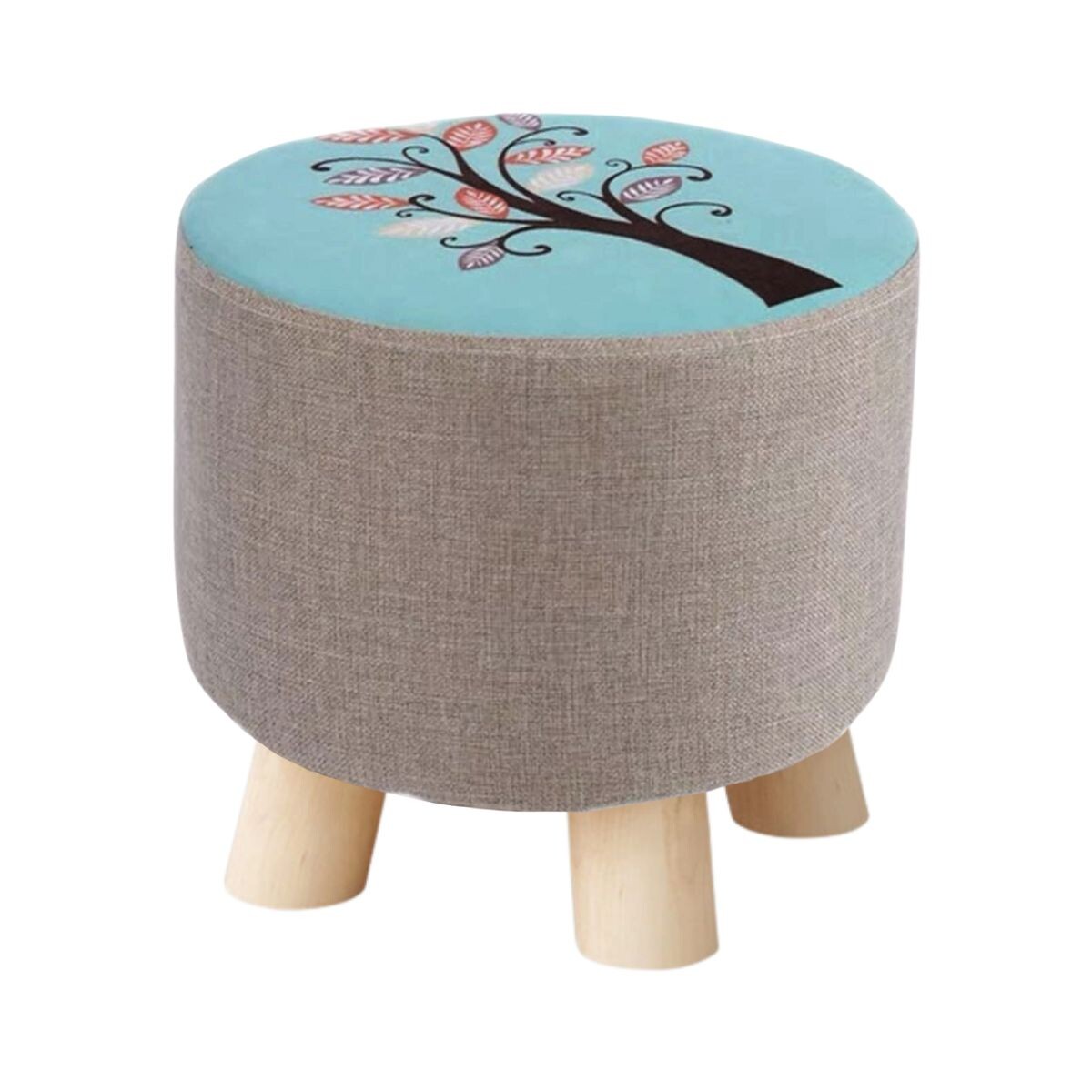 Puff Redondo Con Patas De Madera Para Living Y Dormitorio Color Beige 