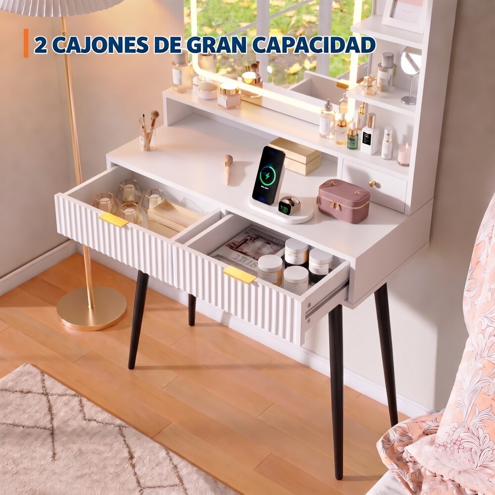 TOCADOR MAQUILLAJE MODERNO ESPEJO LUZ LED + ENCHUFE 3 CAJONES REPISAS ORGANIZADORAS PATAS METÁLICAS BLANCO